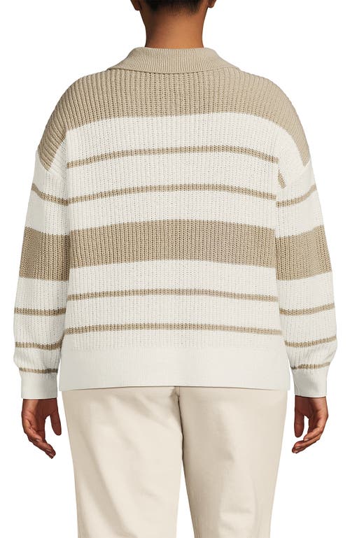 Lands' End Cotton Boucle Johnny Collar Textured Sweater In Ivory/champagne Stripe