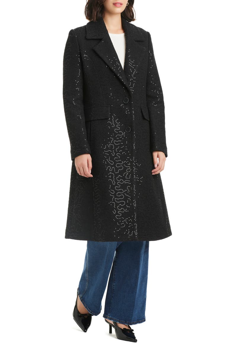 Sequin Pattern Longline Coat, Main, color, BLACK