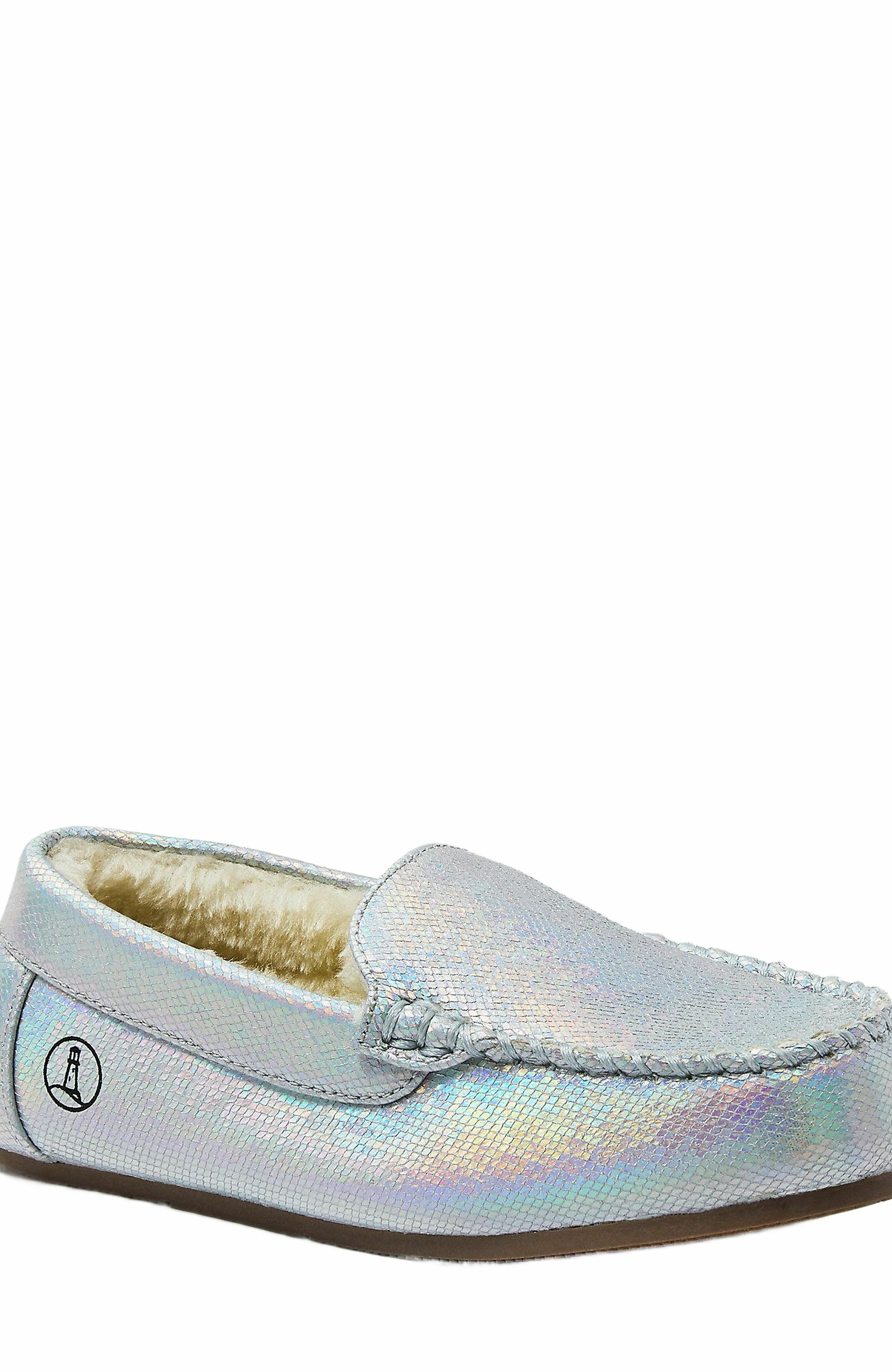 Lands' End Kids Fuzzy Lined Shimmer Moccasin Slippers, Alternate, color, Silver Shimmer Multi