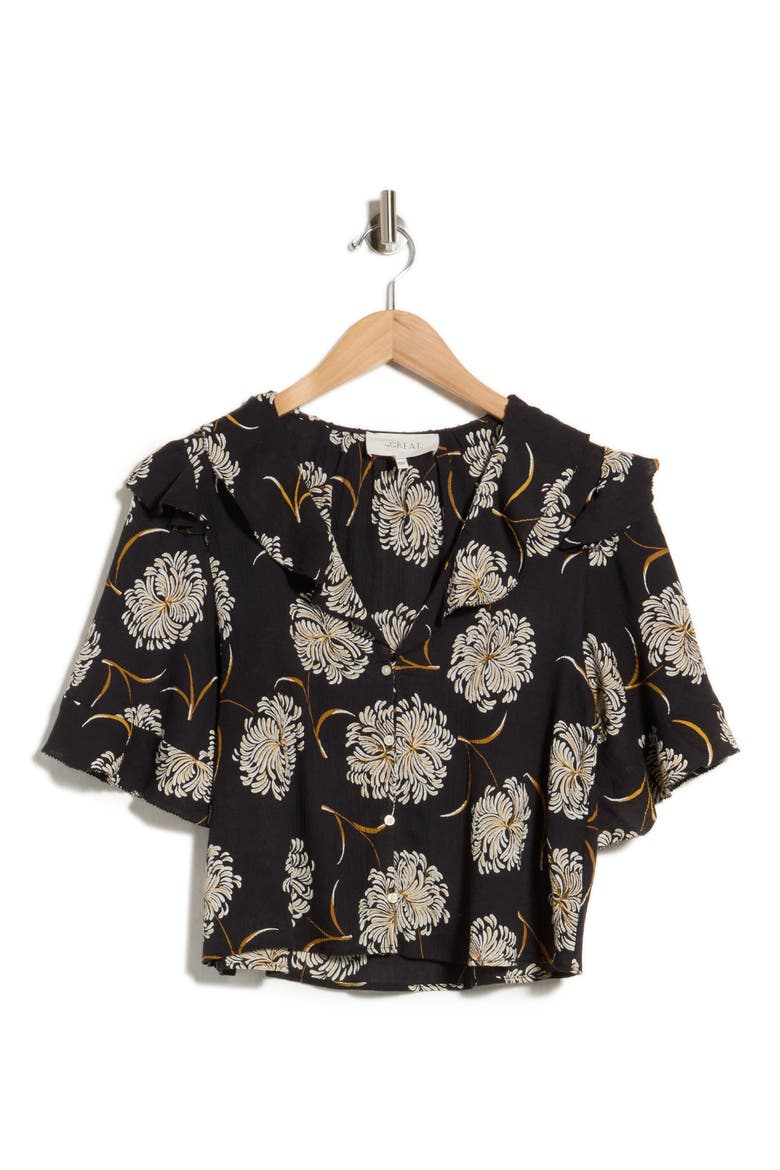 The Bower Ruffle Collar Cotton Top, Alternate, color, BLACK DANCING FLORAL