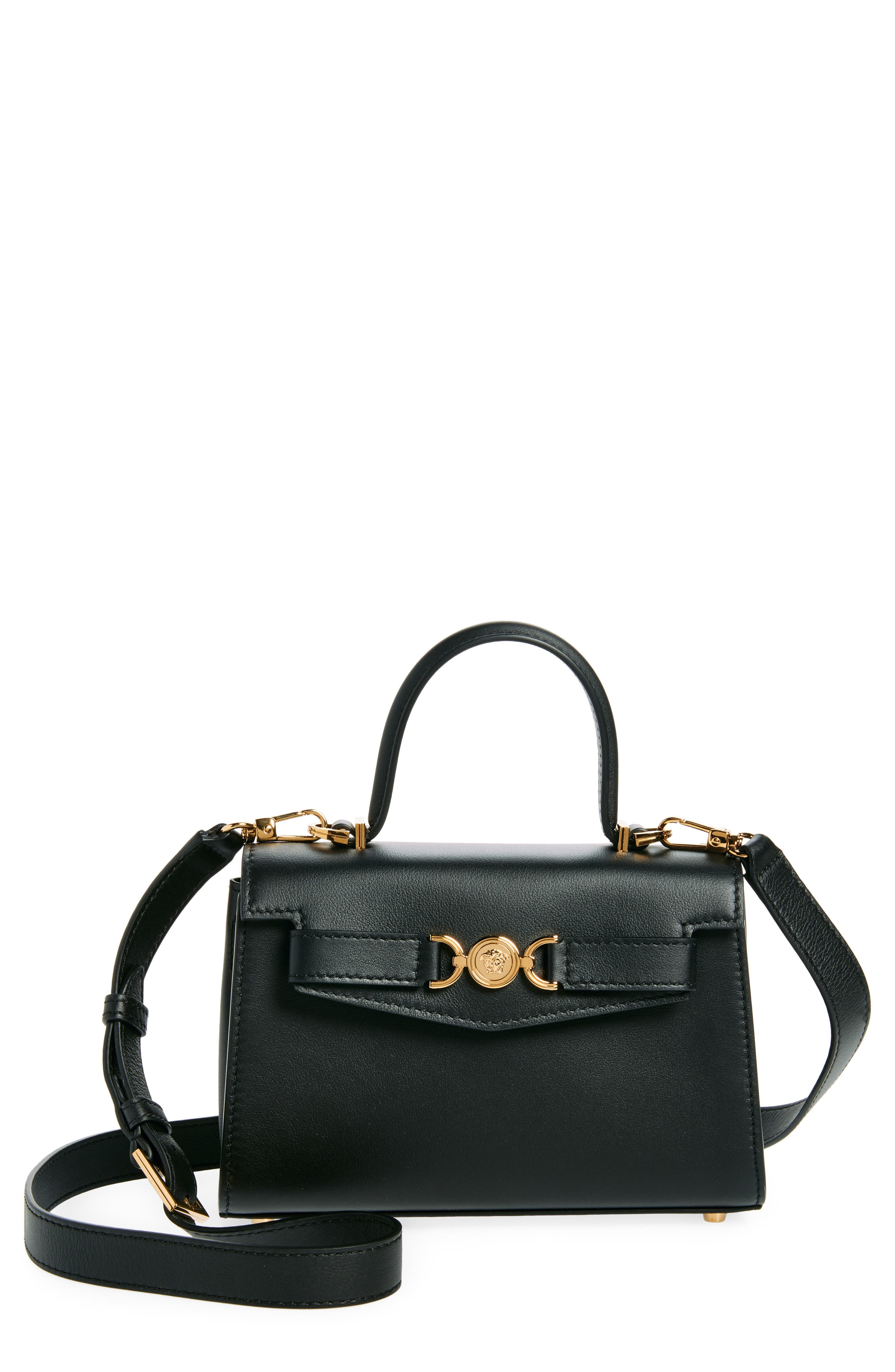 Versace Medusa Leather Top Handle Bag, Main, color, Black-Versace Gold