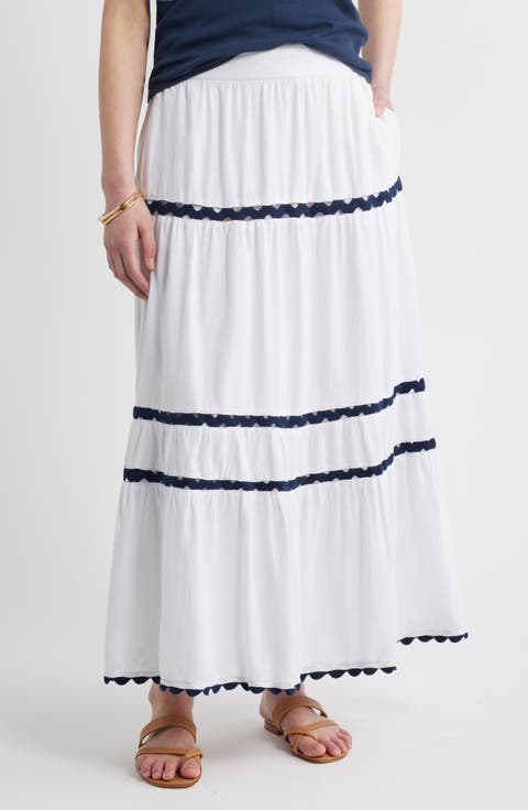 Rickrack Trim Linen Blend Tiered Maxi Skirt