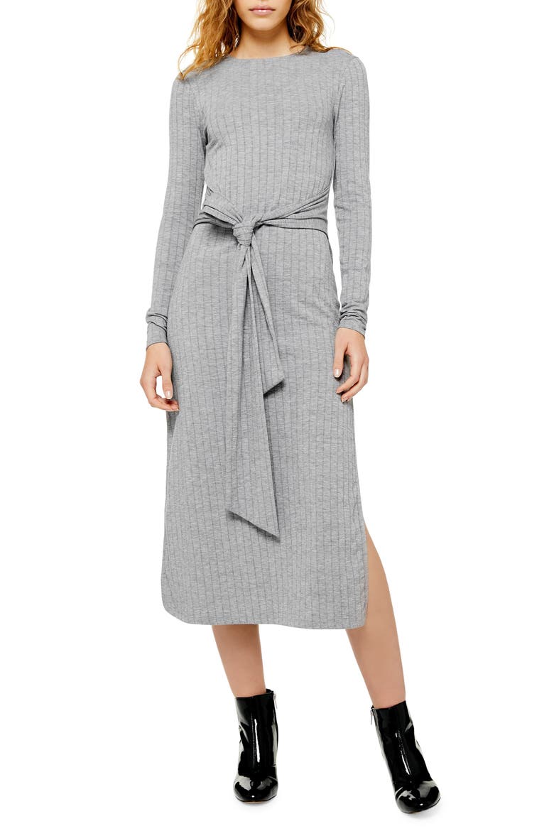 Tie Waist Long Sleeve Knit Midi Dress, Main, color, GREY