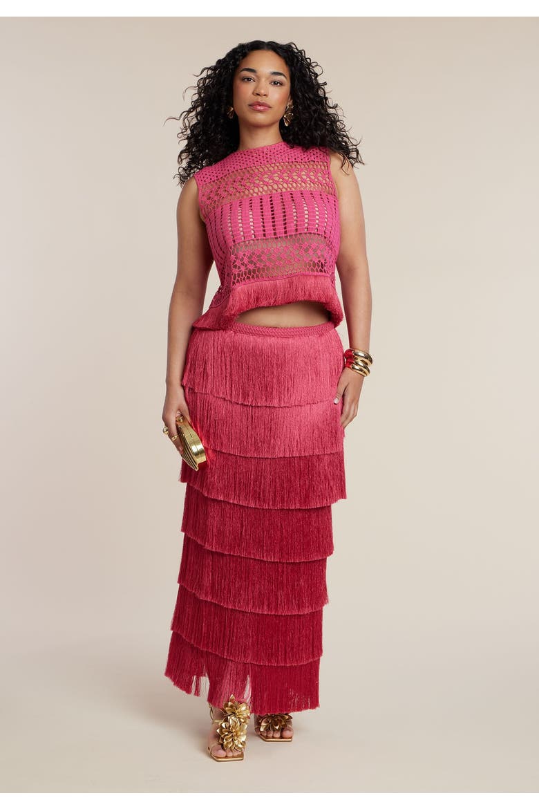 Patbo X Eloquii Fringe Column Maxi Skirt, Alternate, color, BRIGHT ROSE