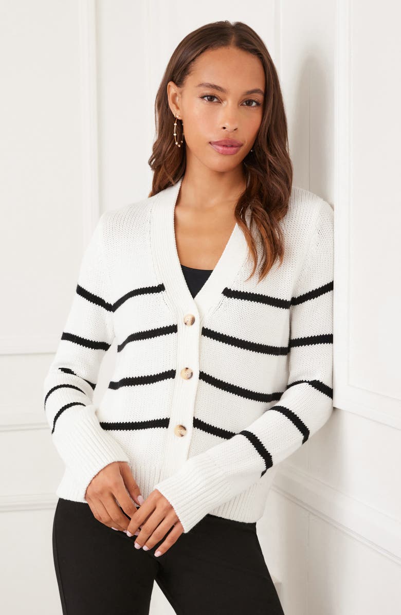 Karen Kane Stripe Stretch Cotton Blend Cardigan Sweater, Alternate, color, Off White W/ Black