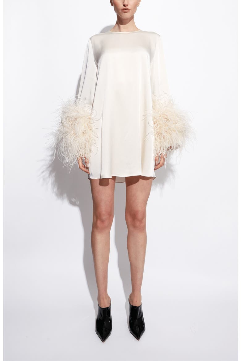 Satin Shift Dress With Feathers, Main, color, Cream