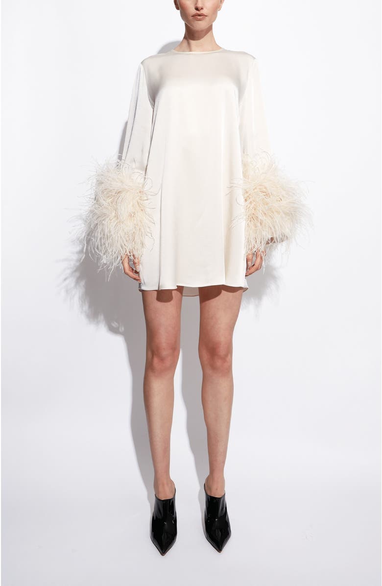 LAPOINTE Satin Shift Dress With Feathers, Main, color, Cream