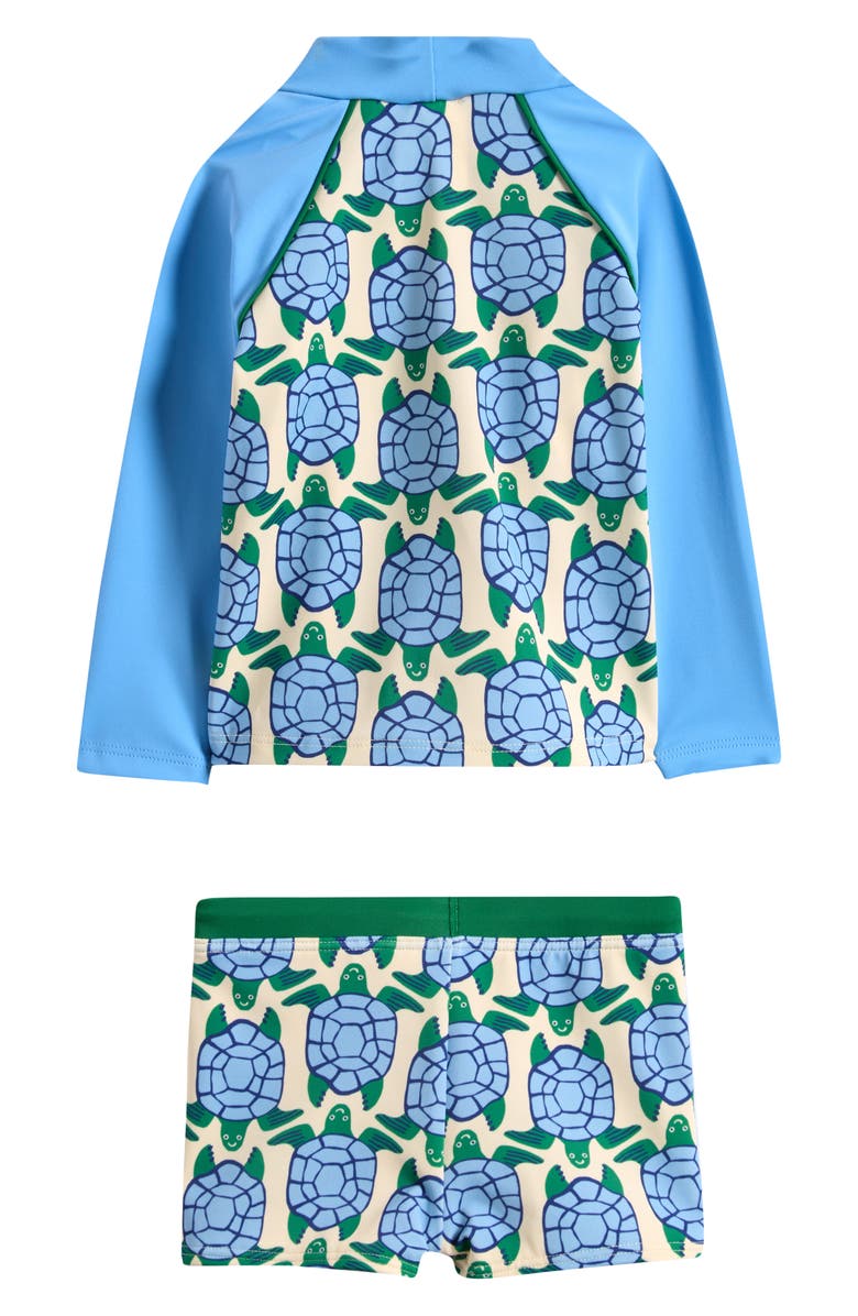 Mini Boden Turtle Print Rash Guard & Swim Trunks Set, Alternate, color, Blue Geo Turtles