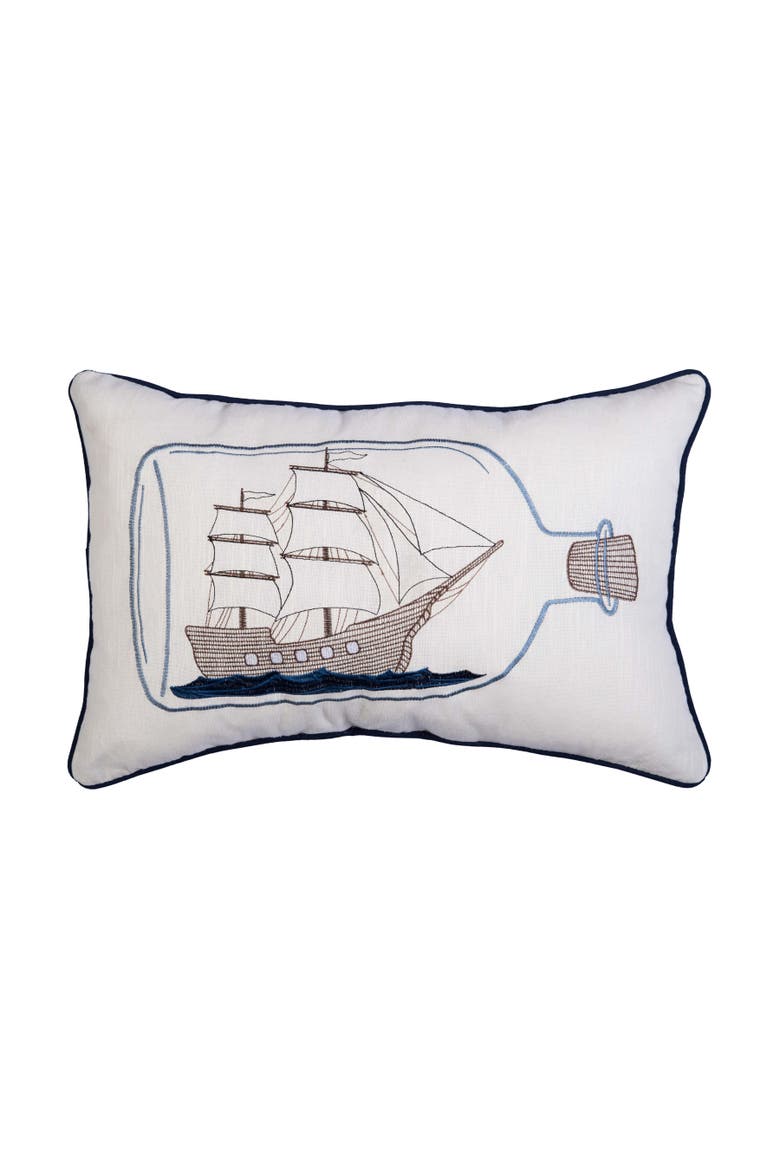 Ship In A Bottle Embroidered Throw Pillow, 14" x 22", Main, color, Brown