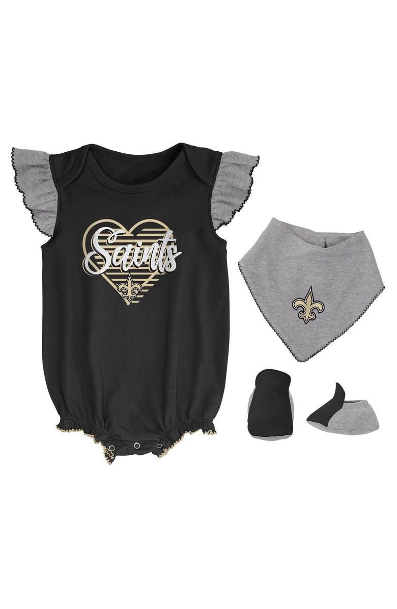 Outerstuff Girls Newborn & Infant Black/Heathered Gray New Orleans Saints All The Love Bodysuit Bib & Booties Set, Main, color,