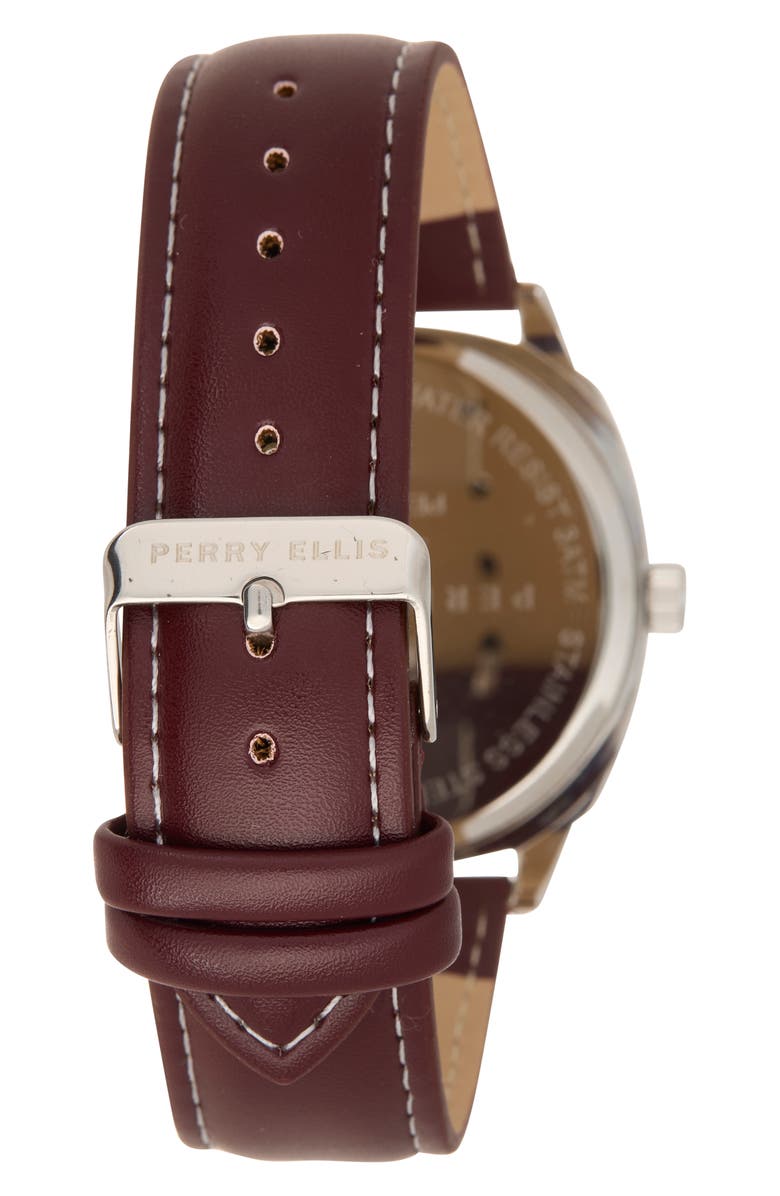 Perry Ellis Solar 3-Hand Quartz Faux Leather Strap Watch, 44mm, Alternate, color, Stainless