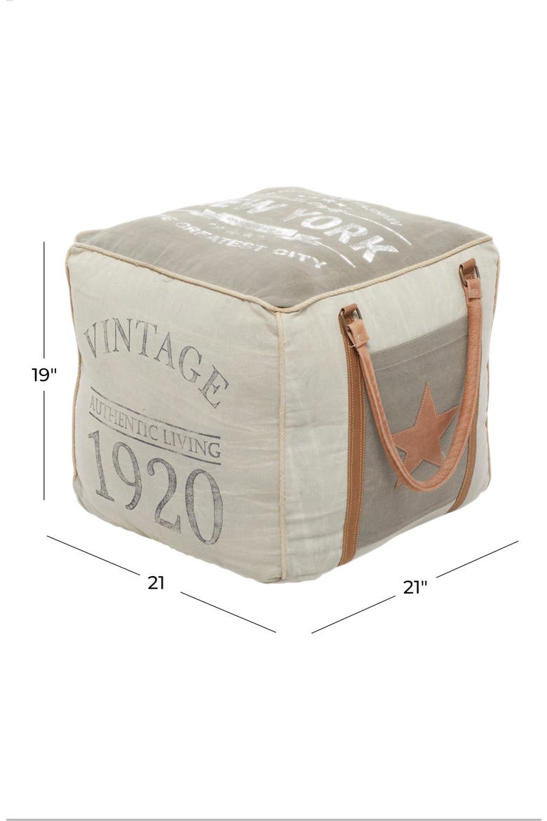Cream Canvas Pouf with Leather Handles, Alternate, color, GREY