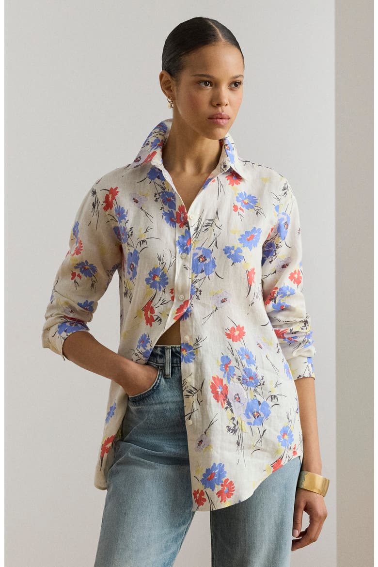 Relaxed Fit Floral Linen Shirt, Alternate, color, CREAM MULTI