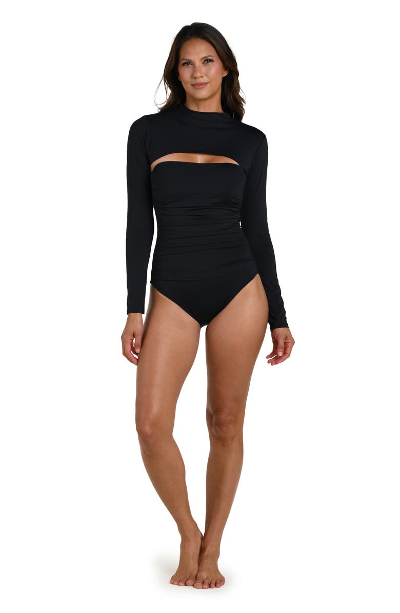 La Blanca Island Goddess Long Sleeve Shrug, Alternate, color, Black