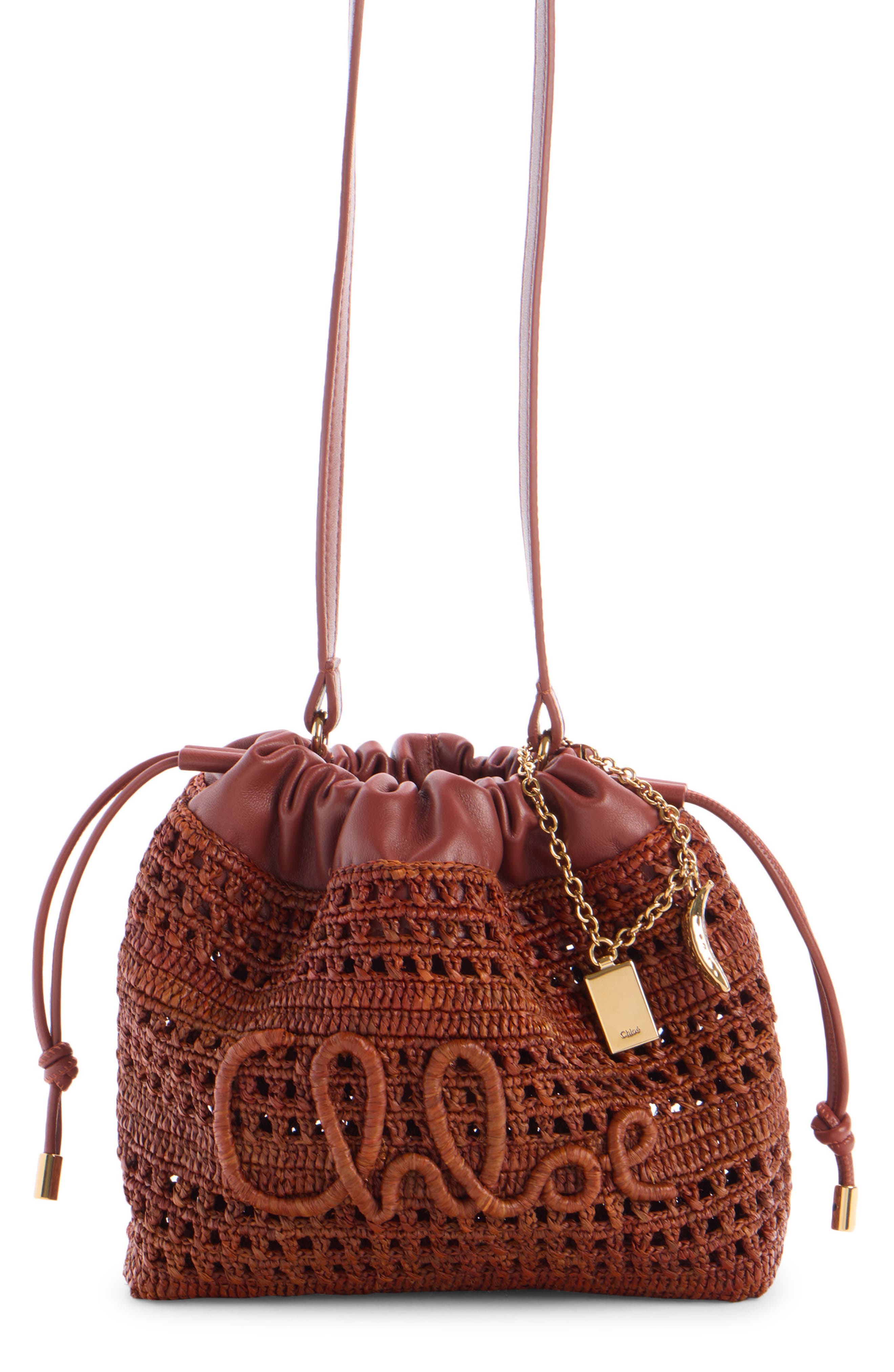 Chloé Mini Summer Banana Woven Raffia Drawstring Shoulder Bag, Main, color, 