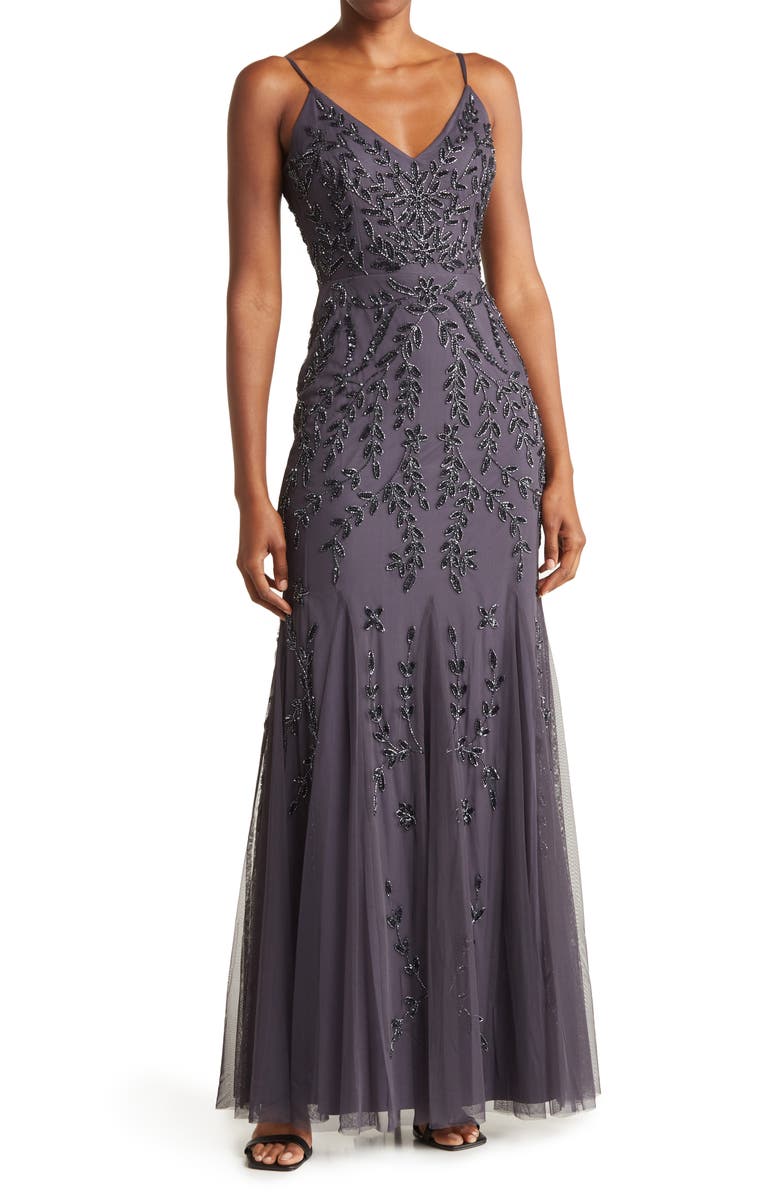 Marina Beaded V-Neck Gown, Main, color, Gunmetal