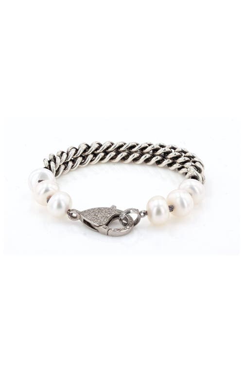 Sheryl Lowe Pearl And Double Chain Bracelet With Diamond Lobster Clasp In Pearl/sterling Silver