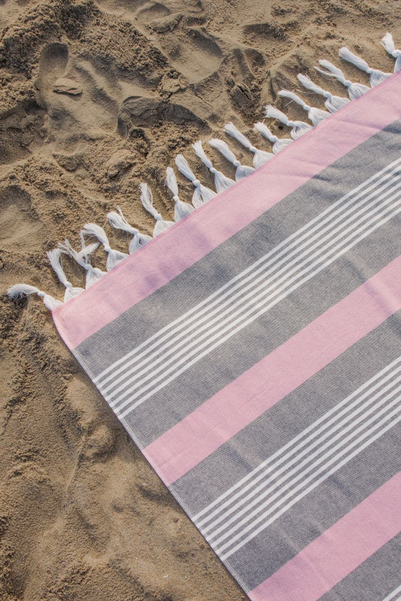 Breeze Striped Organic Turkish Towel with Soft Terry Cloth Back, Alternate, color, Black and Pink