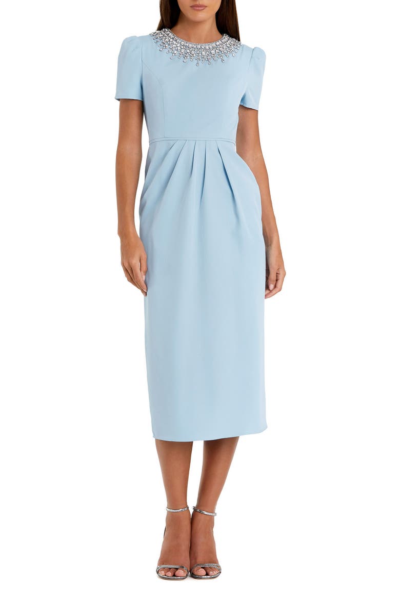 Hand Embellished Rhinestone Neckline Column Dress, Main, color, French Blue