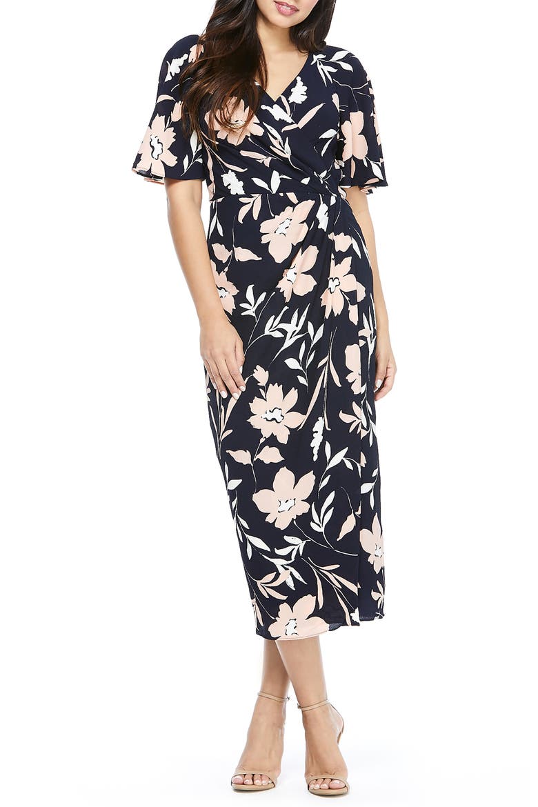 Floral Faux Wrap Crepe Midi Dress, Main, color, NAVY/ BLUSH