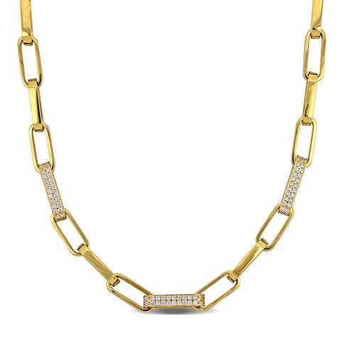 Cubic Zirconia Paperclip Link Necklace 14k
