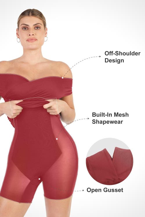 Popilush Shapewear Ruched Off-shoulder Sculpting Midi Dress In Maroon