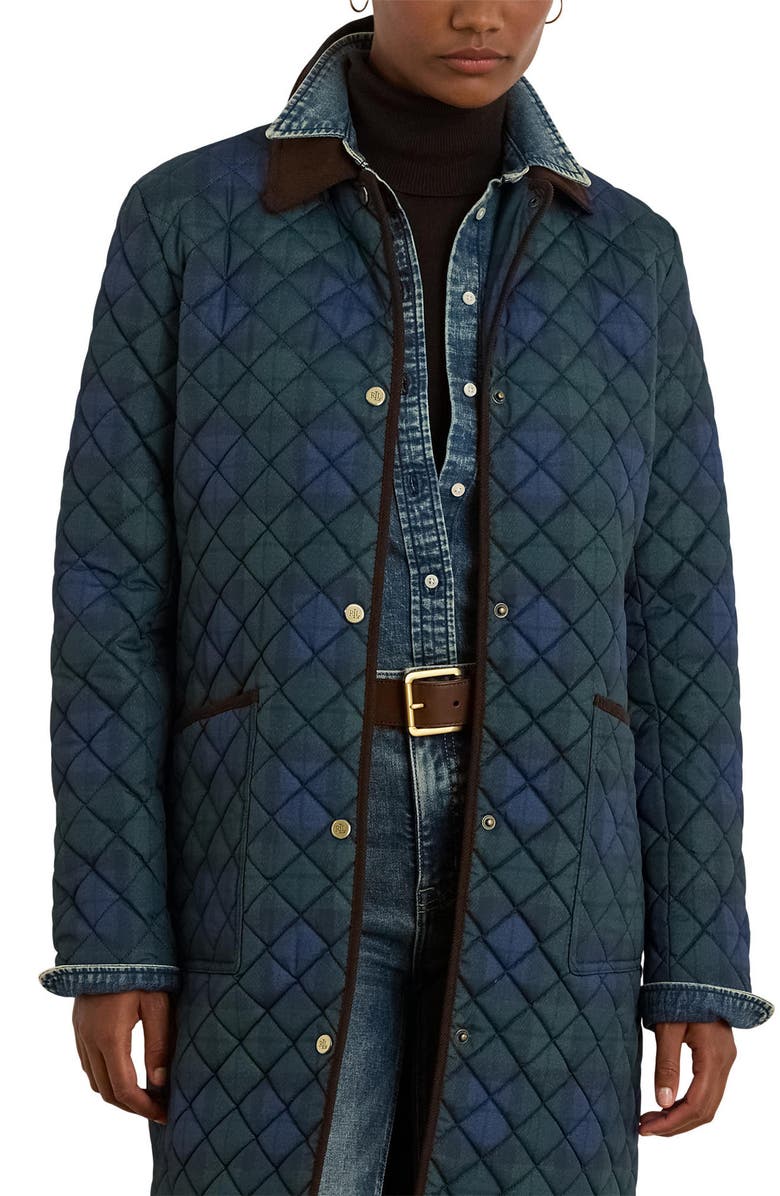 Lauren Ralph Lauren Tartan Quilted Coat, Alternate, color, Blackwatch