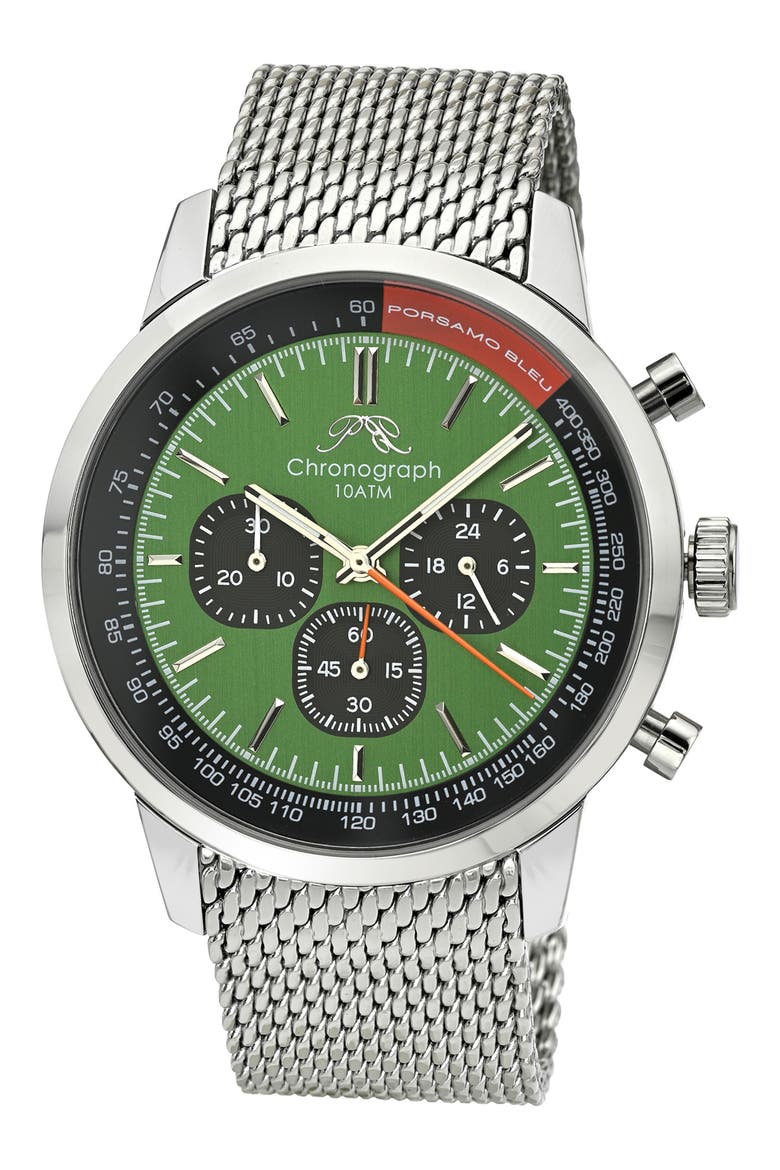 Simon Mesh Strap Chronograph Watch, 44mm, Main, color, SILVER BLACK AND GREEN