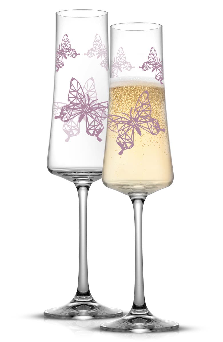 JoyJolt Meadow Butterfly Set of 2 Champagne Flutes, Alternate, color, Multi
