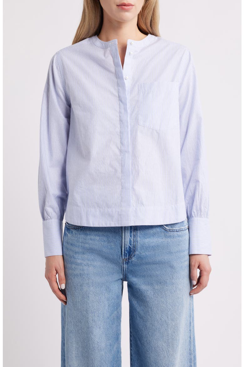 Metallic Pinstripe Cotton Blend Button-Up Shirt, Main, color, BLUE- WHITE SILVER STRIPE