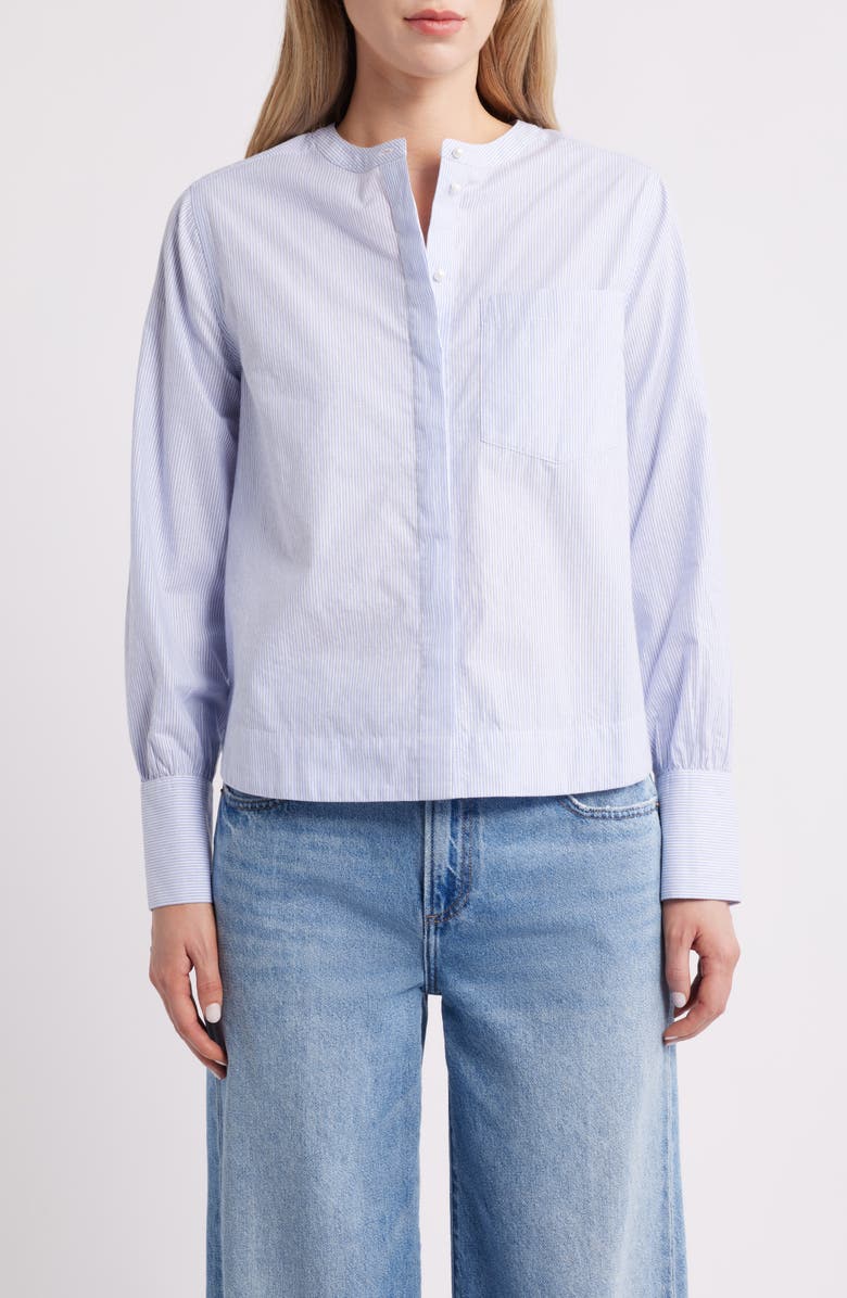 Caslon<sup>®</sup> Metallic Pinstripe Cotton Blend Button-Up Shirt, Main, color, Blue- White Silver Stripe