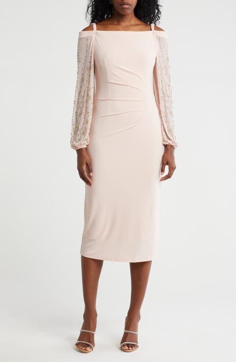 Off the Shoulder Long Sleeve Beaded Midi Dress