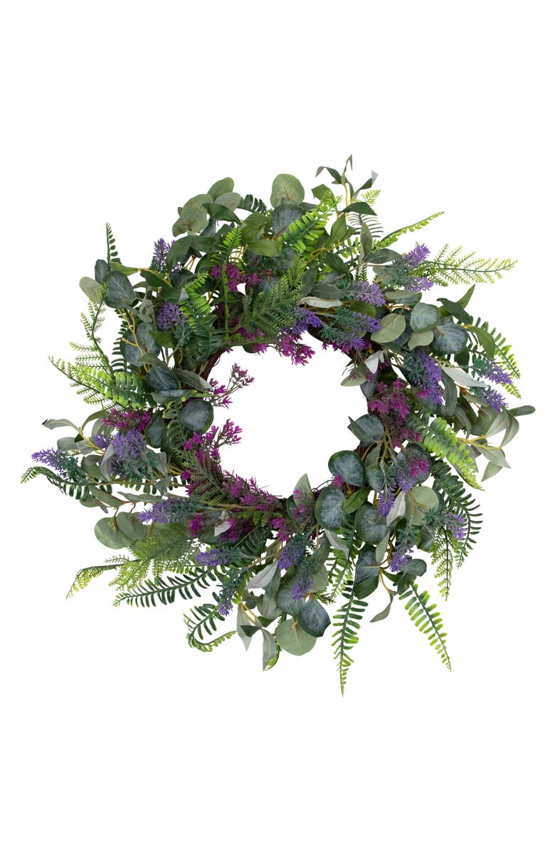 Northlight Lavender and Mixed Foliage Artificial Floral Spring Wreath, Purple and Green - 22-Inch, Main, color, Purple
