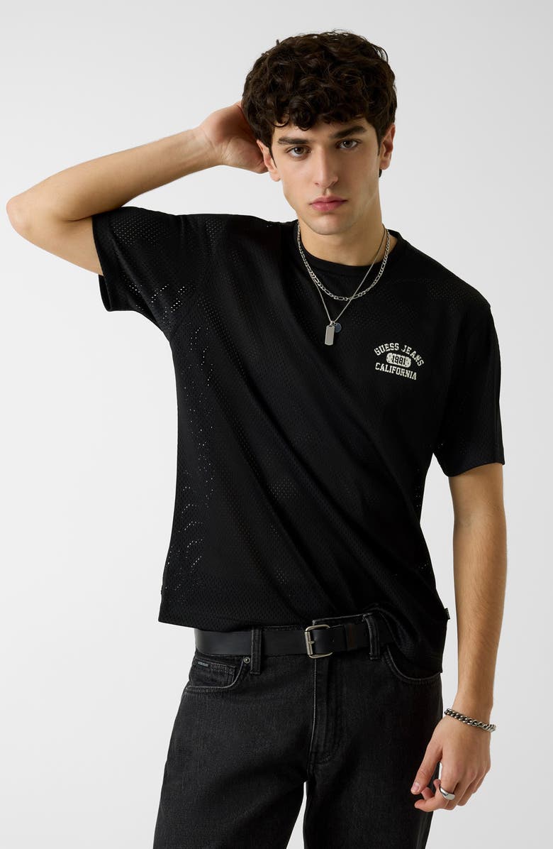 GUESS Logo Graphic Mesh T-Shirt, Alternate, color, Jblack-Black