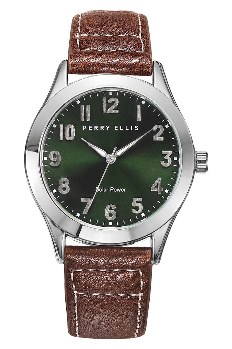 Easy Read Solar Leather Strap Watch, 41mm, Main, color, SILVER