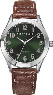 Perry Ellis Easy Read Solar Leather Strap Watch, 41mm