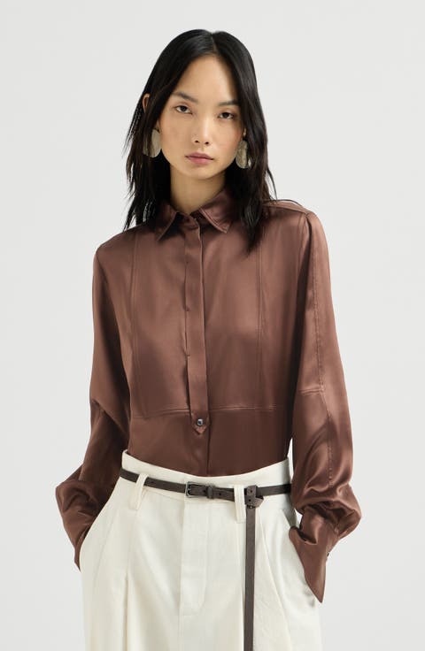 Stretch silk satin shirt with monili