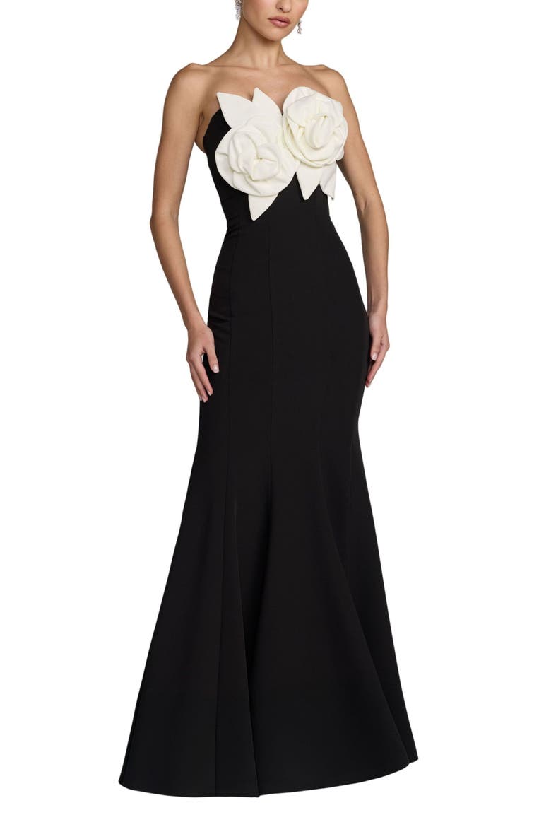 Crepe Strapless Mermaid Gown With 3D Flowers, Main, color, Black Ivory