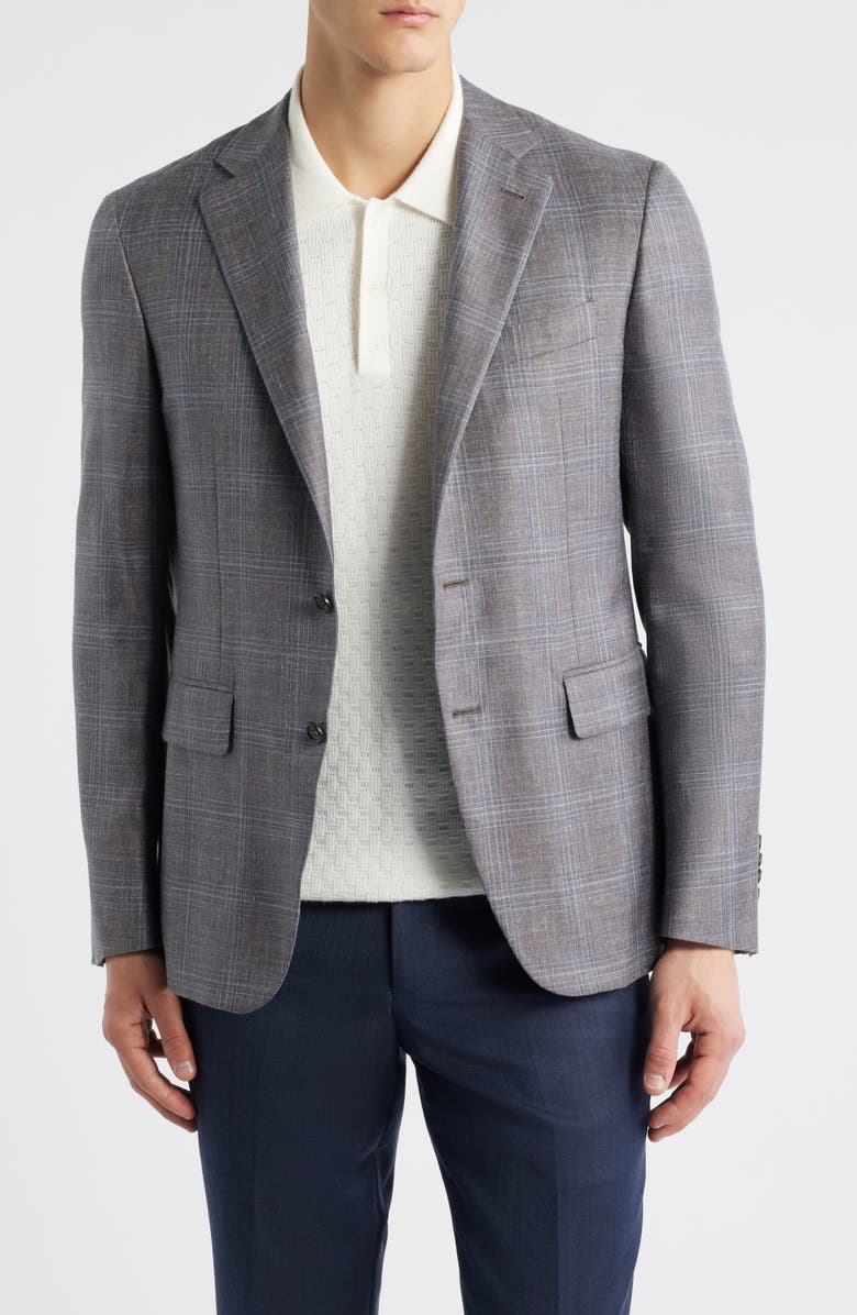 Canali Kei Trim Fit Brown Mélange Shadow Plaid Wool & Silk Blend Sport Coat, Main, color, Brown