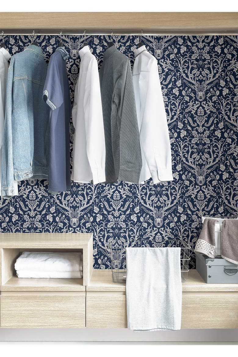 Navy Escape to the Forest Peel & Stick Wallpaper, Alternate, color, BLUE