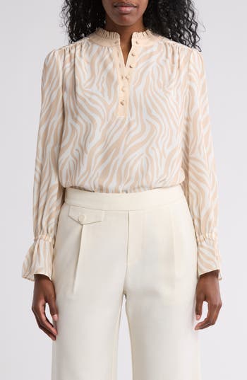 Gemma + Jane Georgette Button Front Top In Animal Print Beige