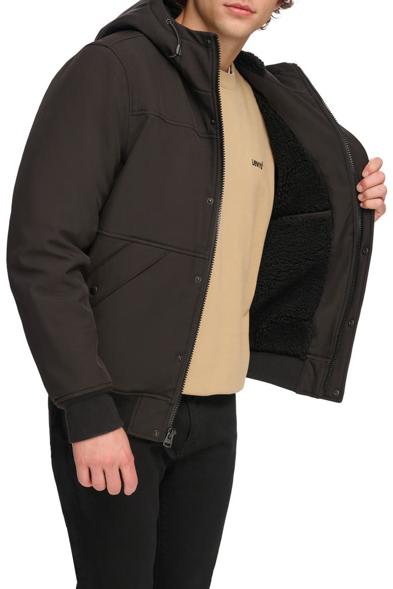 Faux Shearling Lined Soft Shell Bomber Jacket, Alternate, color, BLACK