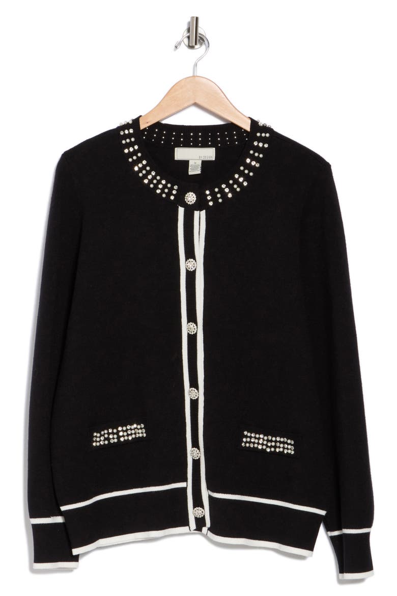 Milly Embellished Button Front Cardigan, Alternate, color, BLACK/ WHITE