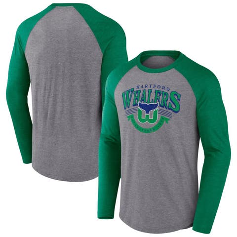 Men's Fanatics Heather Gray/Heather Green Hartford Whalers Vintage Hockey Goal Crease Raglan Tri-Blend Long Sleeve T-Shirt