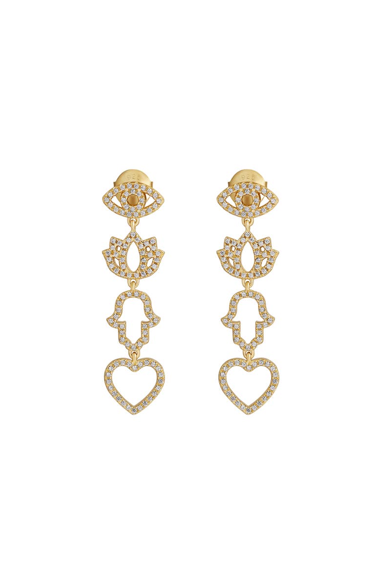 Karma and Luck Gold Plated Multi Charm Dangle Earrings Radiant Insight, Main, color, Gold