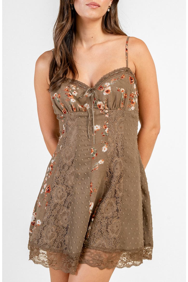 Floral Print Lace & Chiffon Minidress, Alternate, color, MUSHROOM