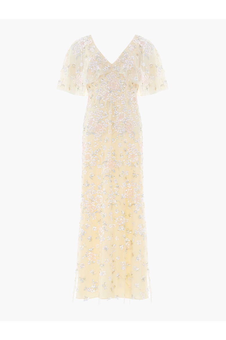 Peony Bouquet Sequin V-Neck Cape Gown, Alternate, color, Lemon Sorbet/Multi