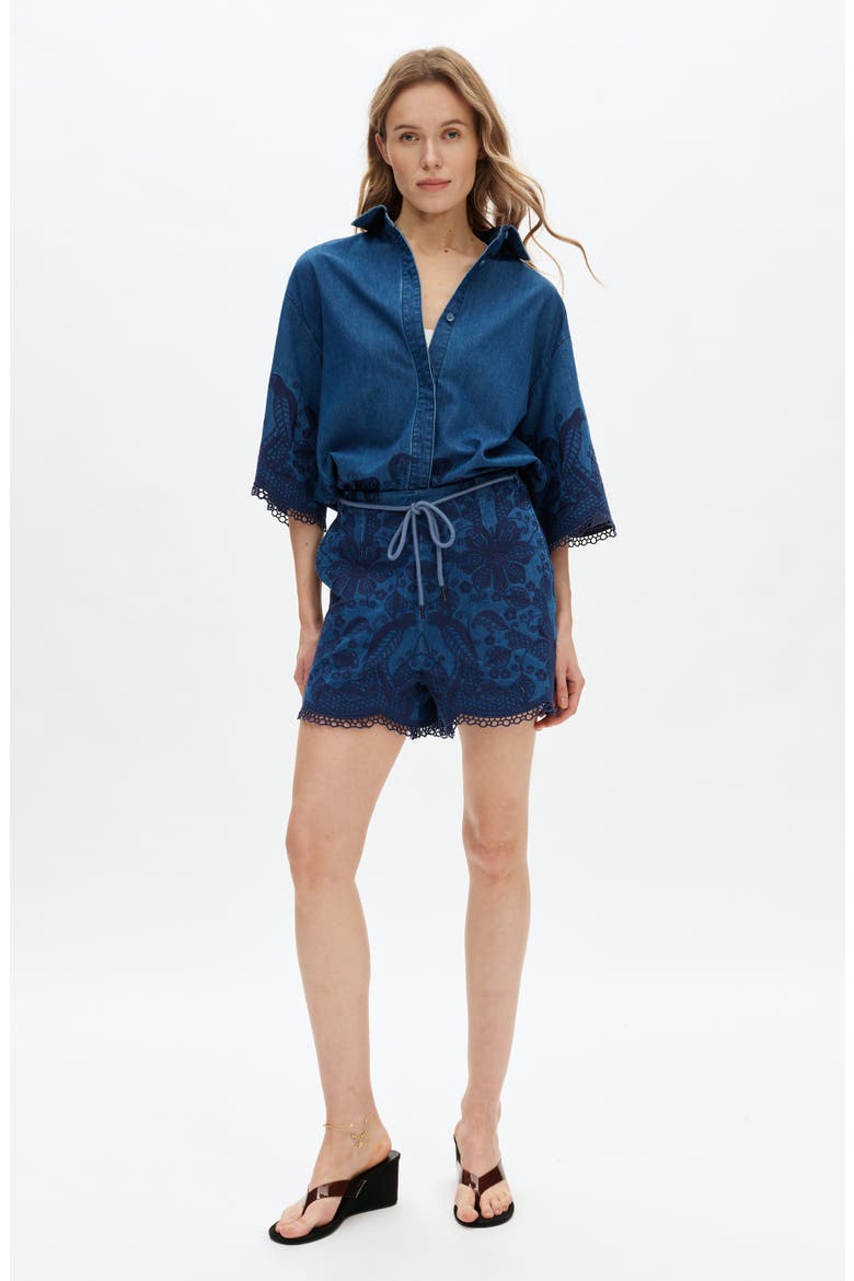 Embroidered High Waist Denim Shorts, Alternate, color, FATHOMVEIL
