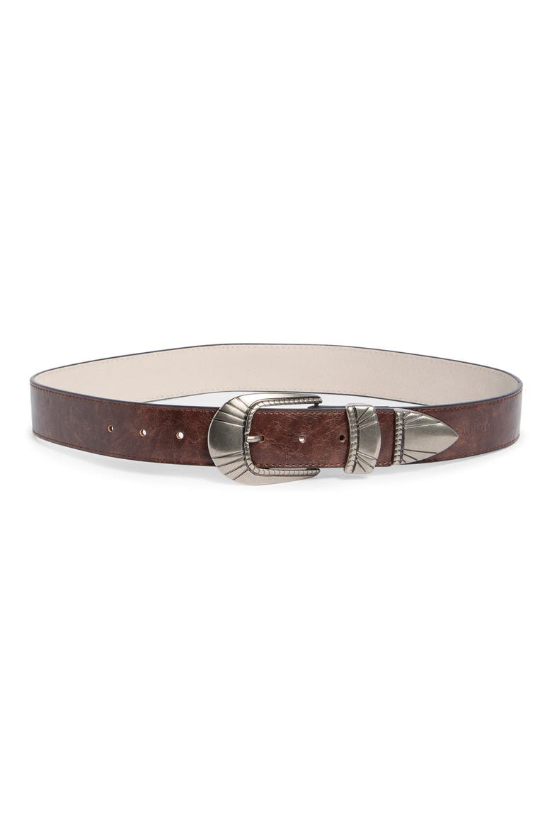 Etched Metal Leather Belt, Main, color, CHOCOLATE