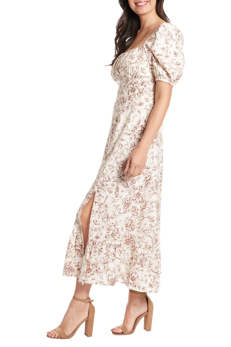 Puff Sleeve Midi Dress, Alternate, color, IVORY/ BROWN